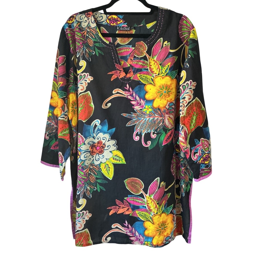 KikiSol Womens XXL Black Floral Tropical Cotton Tunic Top Split VNeck 3/4 Sleeve
